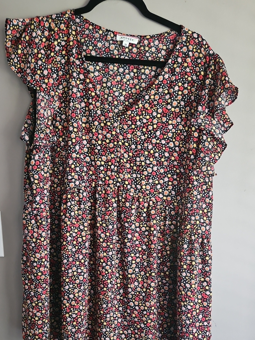 Andree Black Floral Ruffle Sleeve Tunic with Pink & Cream Flowers